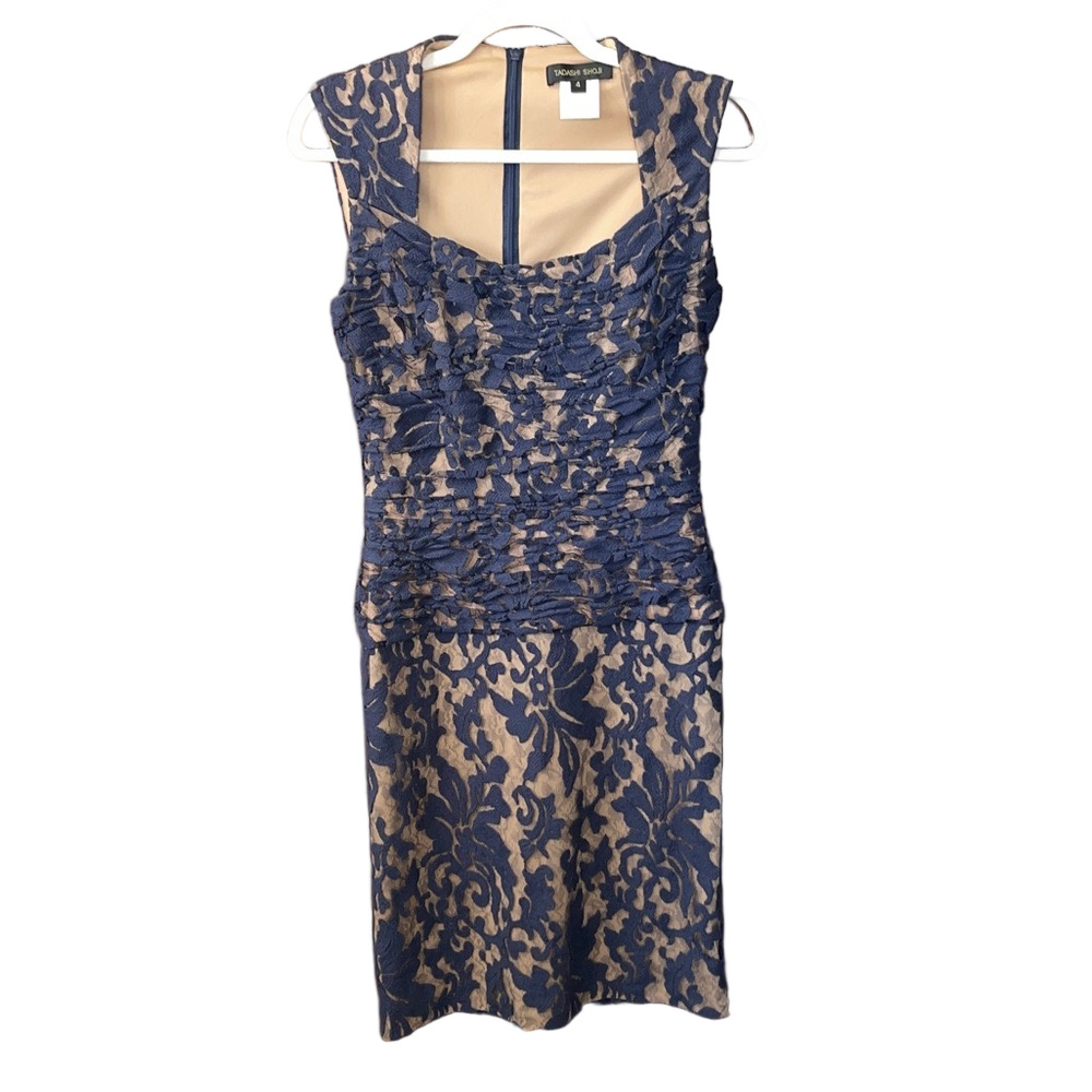 Tadashi Shoji Navy and Beige Lace Dress Size 4